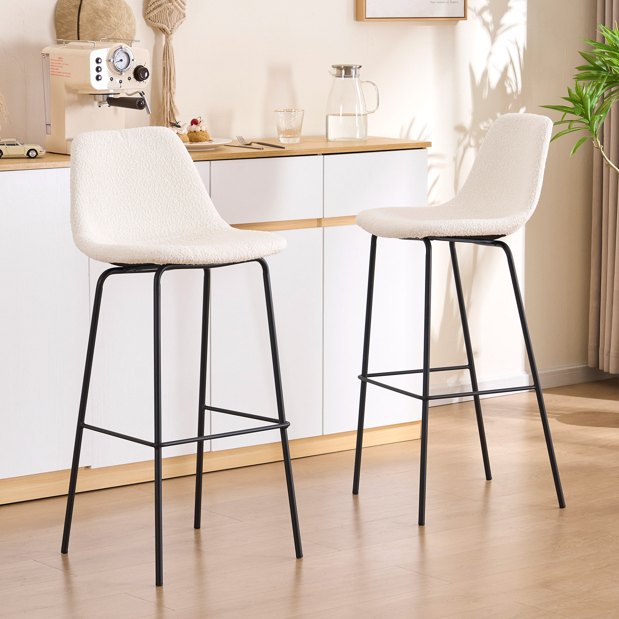 Kavi Upholstered Barstools, White Boucle, Bar Stool (30" Seat Height)