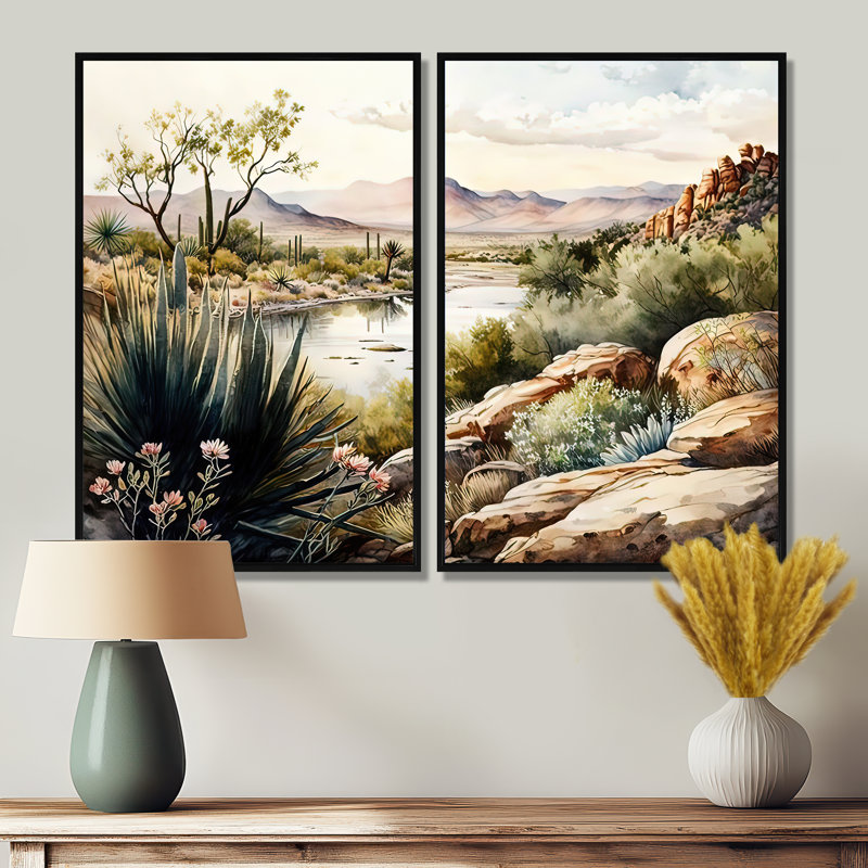Arizona Desert Scenery IV - Green, art mural moderne sur toile 2 pièces, H 36 po x l 48 po, Noir