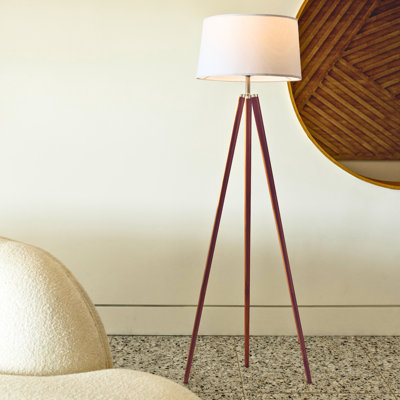 Lampe sur pied moderne de 61 po avec abat-jour tambour en tissu crème et base en bois brun Emma, ampoule incluse Emma
