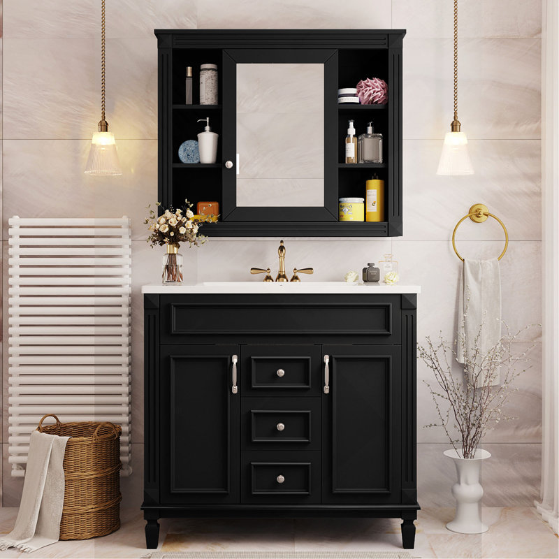 Meuble-lavabo de 36 po avec lavabo supérieur, armoire à miroir noire, armoire de rangement moderne avec 2 portes à fermeture douce et 2 tiroirs, meuble-lavabo simple