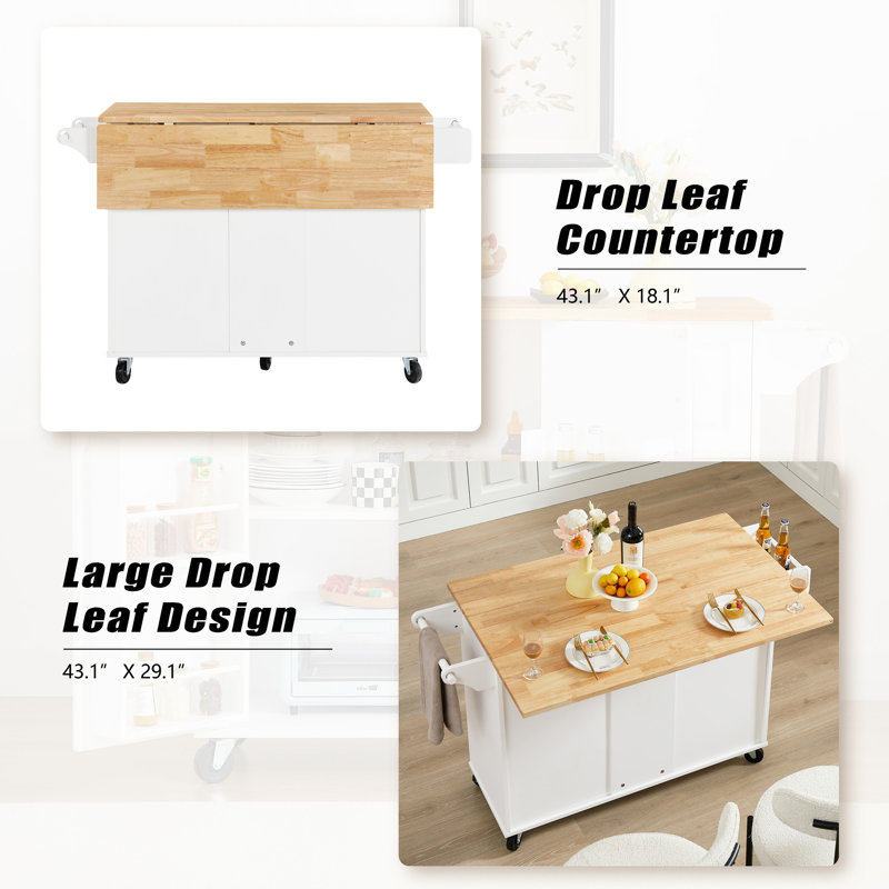 Chariot pour îlot de cuisine polyvalent avec support à épices ouvert et rangement, 2 verrous, Blanc