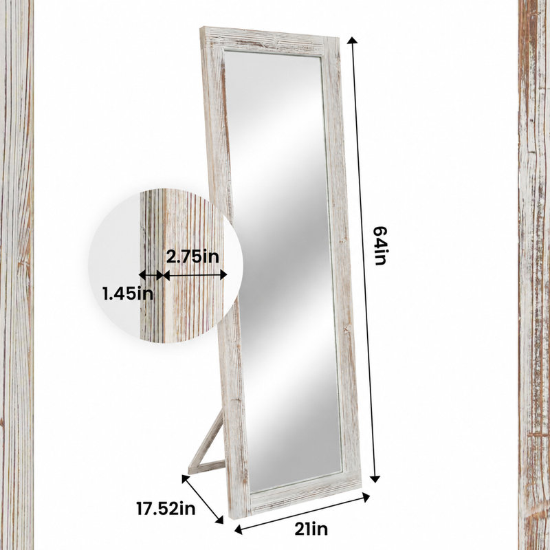 Elegant Full-Length Mirror With Washed White Frame - Durable Pine Wood, Freestanding Or Wall-Mounted Versatility For Bedroom, Living Room, And Entryway Decor