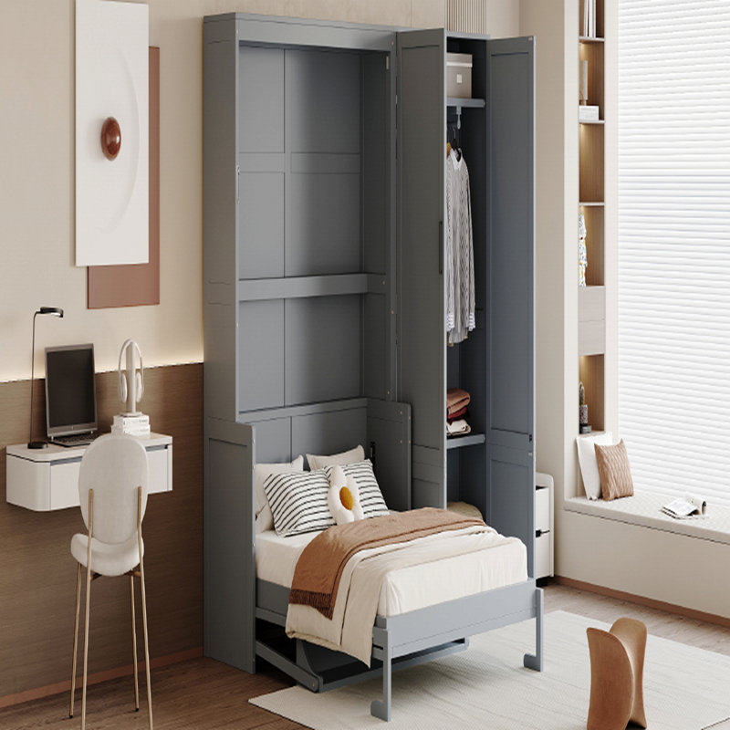 Grand lit escamotable mural avec placard, gris, Grey