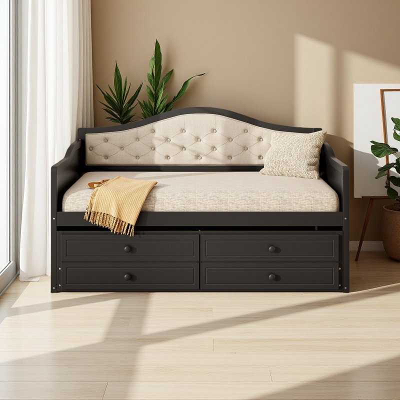 Twin Daybed With Trundle, Twin Size Daybed With 2 Storage Drawers, Wooden Sofa Bed With Upholstered Button Tufted Backrest For Living Room