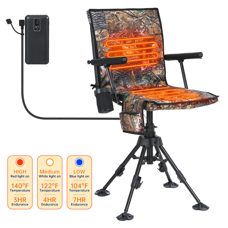 Portable 360° Heated Swivel Hunting Stool with Silent Spin, Adjustable Height, Armrests & Carry Strap, Camo - Heated