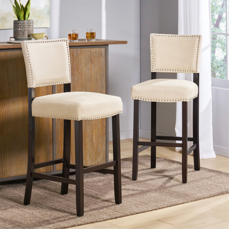 Ensemble de 2 tabourets de bar avec décoration à rivets, structure en bois, coussin en tissu éponge et tabourets de bar rembourrés, chaises de bar pour îlot de cuisine, chambre à coucher, salle à manger.