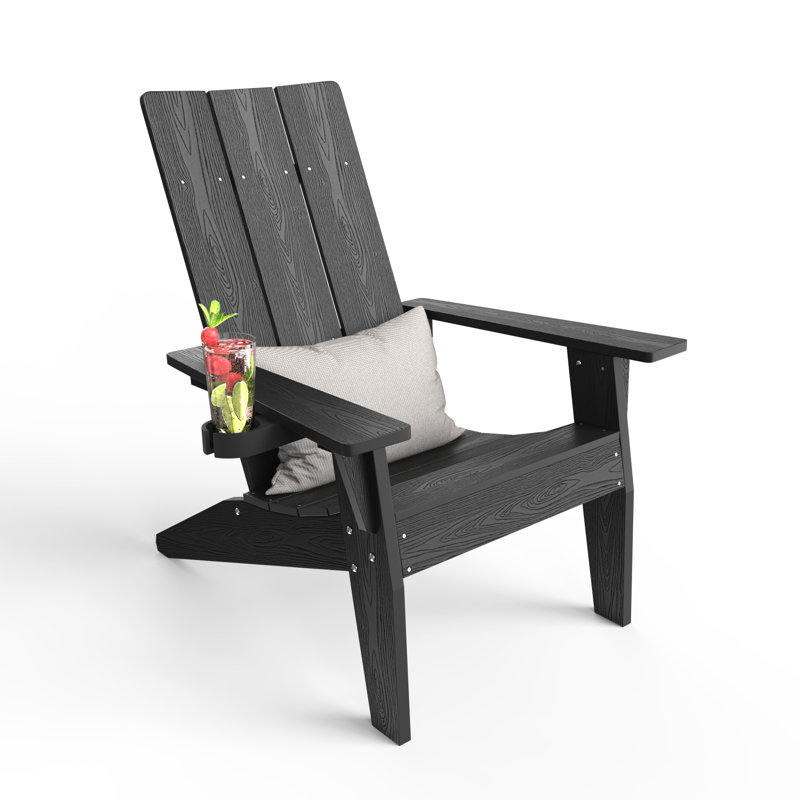 All Weather Outdoor Plastic Adirondack Chairs With Cup Holder Fire pit Chairs, Black