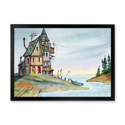 «Colorful Old House with a Tower by the Riverside», reproduction sur toile