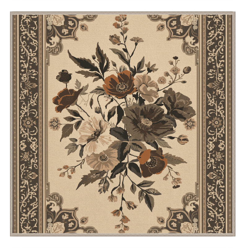 Tapis oriental traditionnel beige et brun lavable à la machine Pauleth, Carré 3 pi