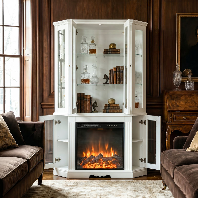 Decaro 77'' H White Corner Fireplace Display Cabinet With Glass Doors, Side Display Shelves, And  Electric Fireplace Insert
