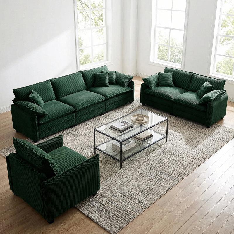 Kaoruko 3 Piece Comfortable Oversized Sectional Sofa, One Single Sofa And One 2-seater Sofa And One 3-seater Sofa, Green