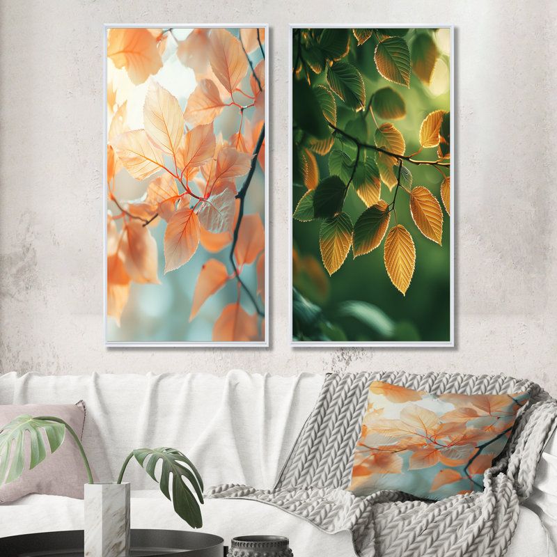 Feuilles ensoleillées I - Art mural floral 2 panneaux, H 28 po x l 25 po, Cadre flottant blanc