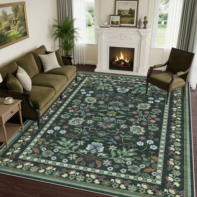 Tapis bohème floral lavable moderne avec envers antidérapant pour le salon - vert