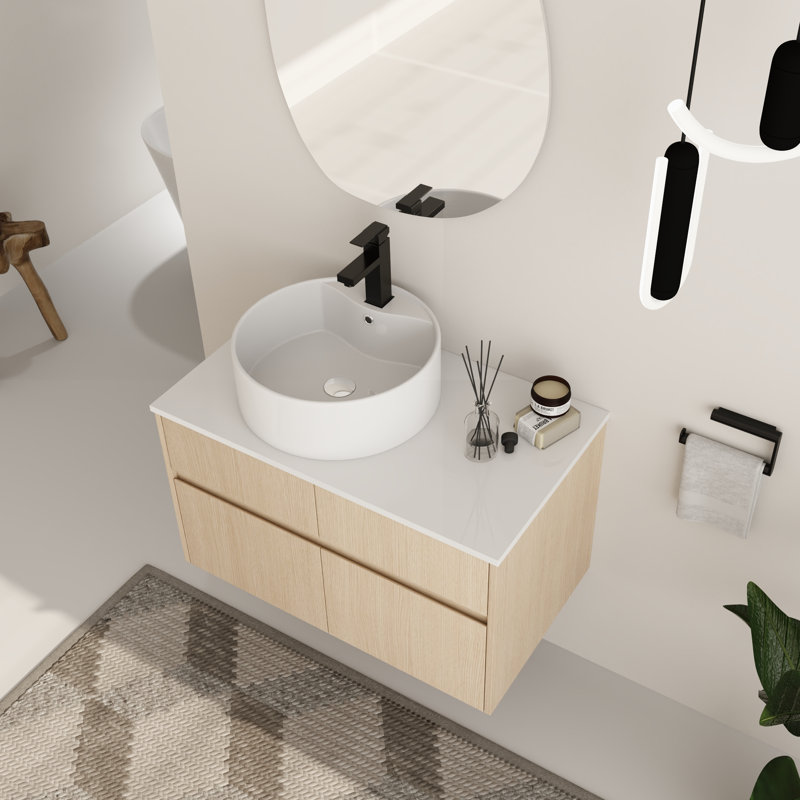 Ensemble de meuble-lavabo mural simple 32 po avec plateau en céramique Zephric, Rond, Chêne blanc