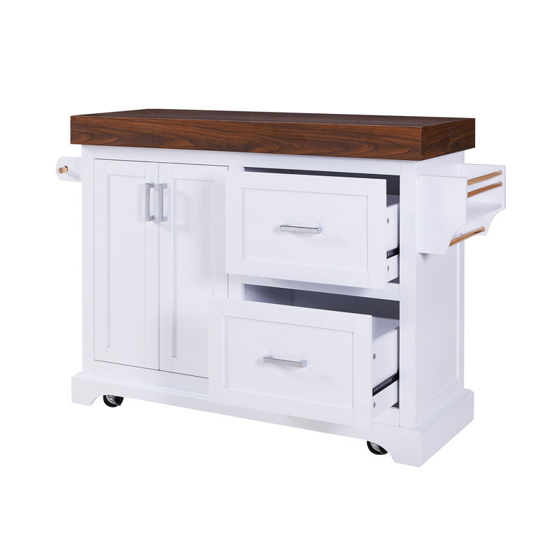 K&K 53" Large Kitchen Island with 3.5" Thick Desktop, Spice and Towel Racks, Rolling Kitchen Island with Storage on 5 Wheels, 2 Extra-large Drawers, for Home, Kitchen, Dining Room, White