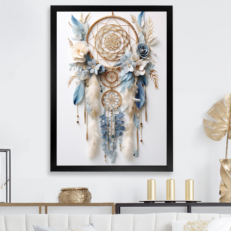 Attrape-rêves blanc et bleu Tranquility sur toile, Cadre simple noir, H 44 po x l 34 po x P 1,5 po
