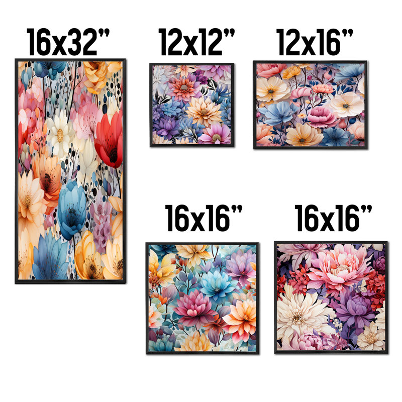 Etter - Ensemble de 5 impressions sur toile florales, Cadre flottant noir