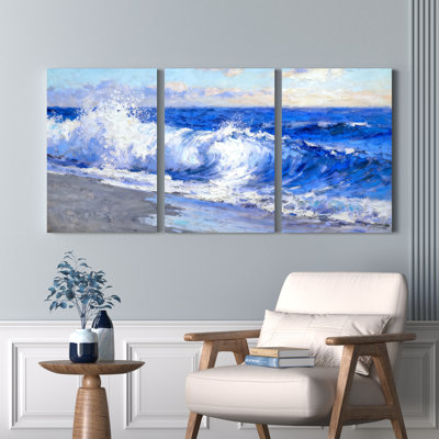 Ocean Waves Beach Scene Canvas Wrapped Wall Art Oil Painting Print Set of 3