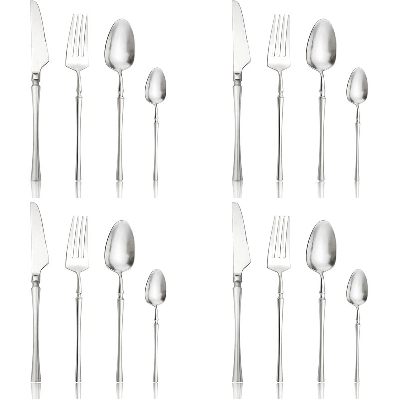 Ensemble de couverts 16 pièces en acier inoxydable à finition mate avec poignées uniques, coutellerie durable 18/10 pour un usage quotidien, va au lave-vaisselle