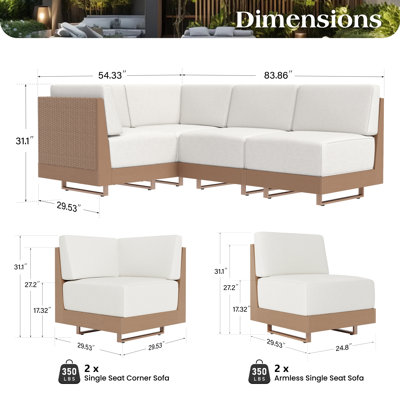 Ensemble de conversation d'extérieur en osier avec coussins, canapé modulaire d'extérieur en forme de L beige en PEHD pour 4 personnes