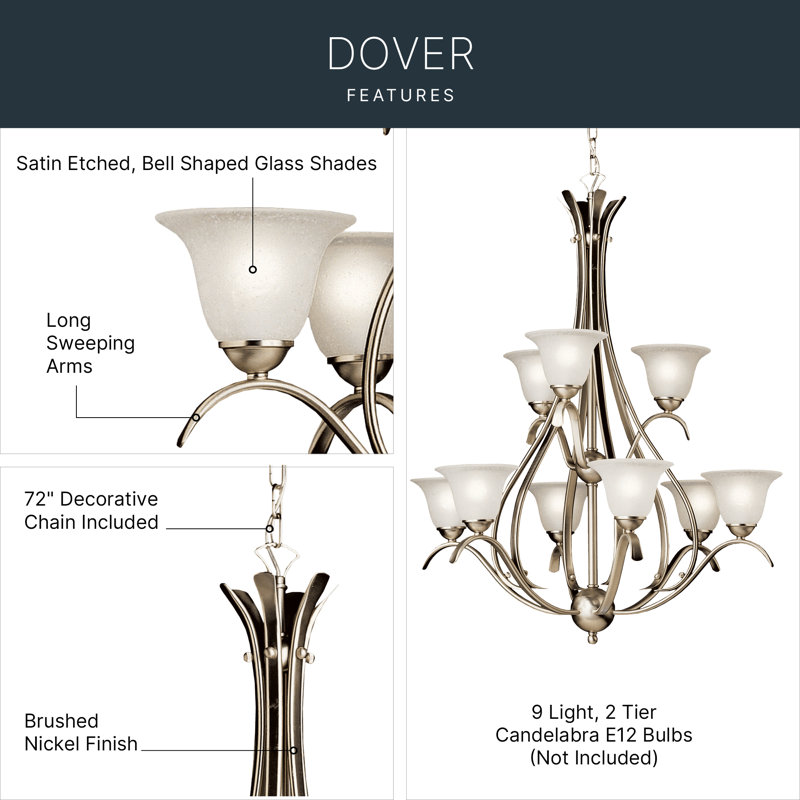 Kichler Dover Brushed Nickel 9-Light 2-Tier Chandelier with Etched Seeded Glass Shades, Brushed Nickel