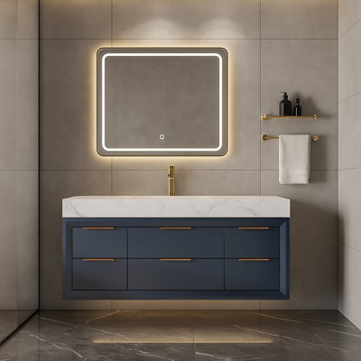 48" Wall-Mounted Single Sink Bathroom Vanity With White Stone Countertop, LED Light & Soft-Close Drawers, Modern Design