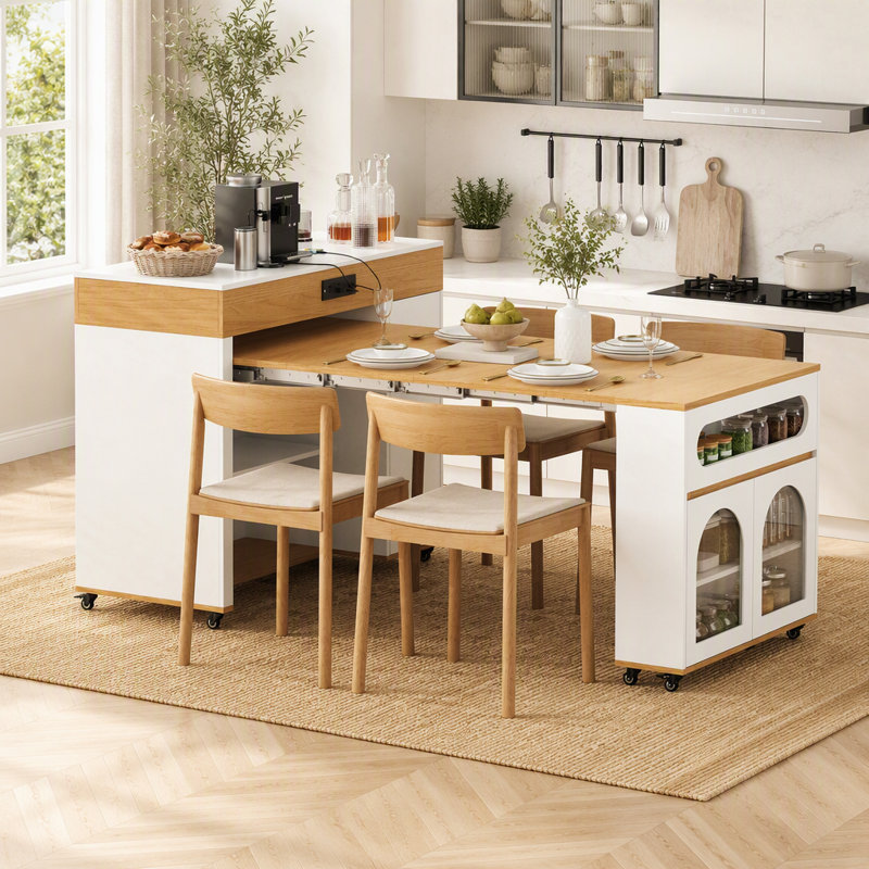 Extendable Rolling Kitchen Island with Storage, Mobile Kitchen Cart with Pull-Out Tabletop, Glass Cabinet & Lockable Casters, Multi-Functional Prep Station for Kitchen Dining Room