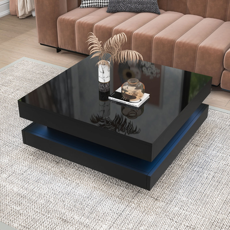 Modern Coffee Table with High-Gloss Finish, LED Light, Storage and Geometric Design, Black
