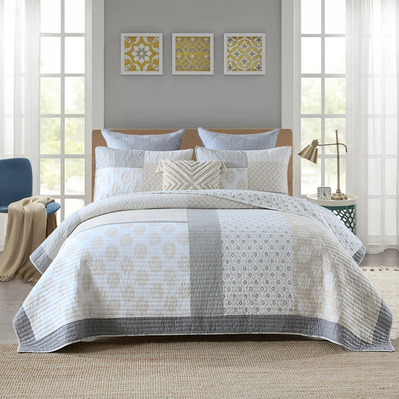 DDUOXIN 100% Cotton 98×106 inch Patchwork Quilt Sets - 1 Quilt with 2 Pillow Shams, Gray/Moonbeam, King Quilt + 2 Shams