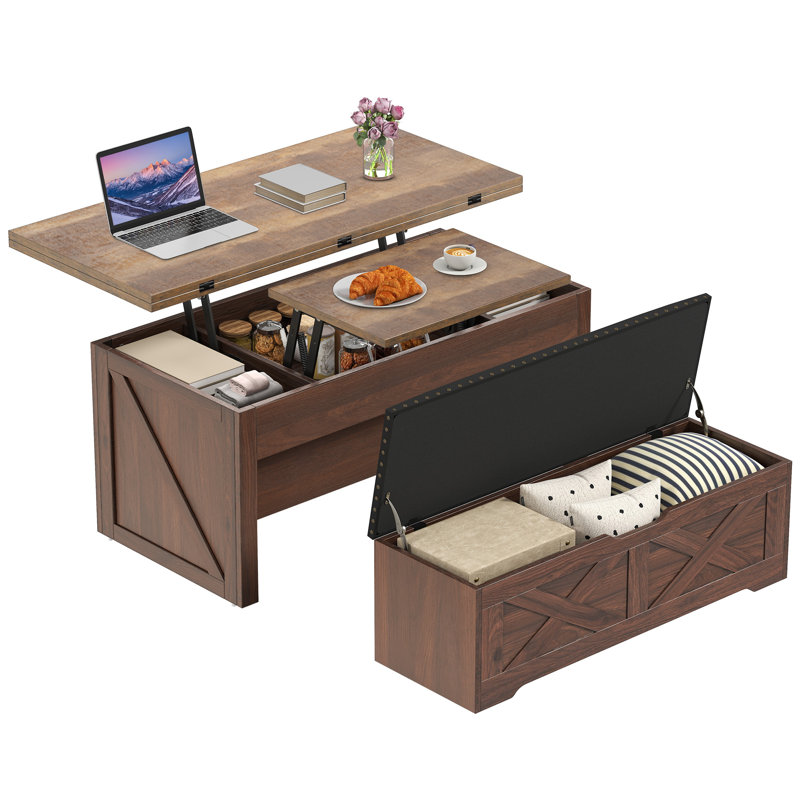 Ensemble de tables basses avec repose-pieds et banc de rangement en noyer, Brown