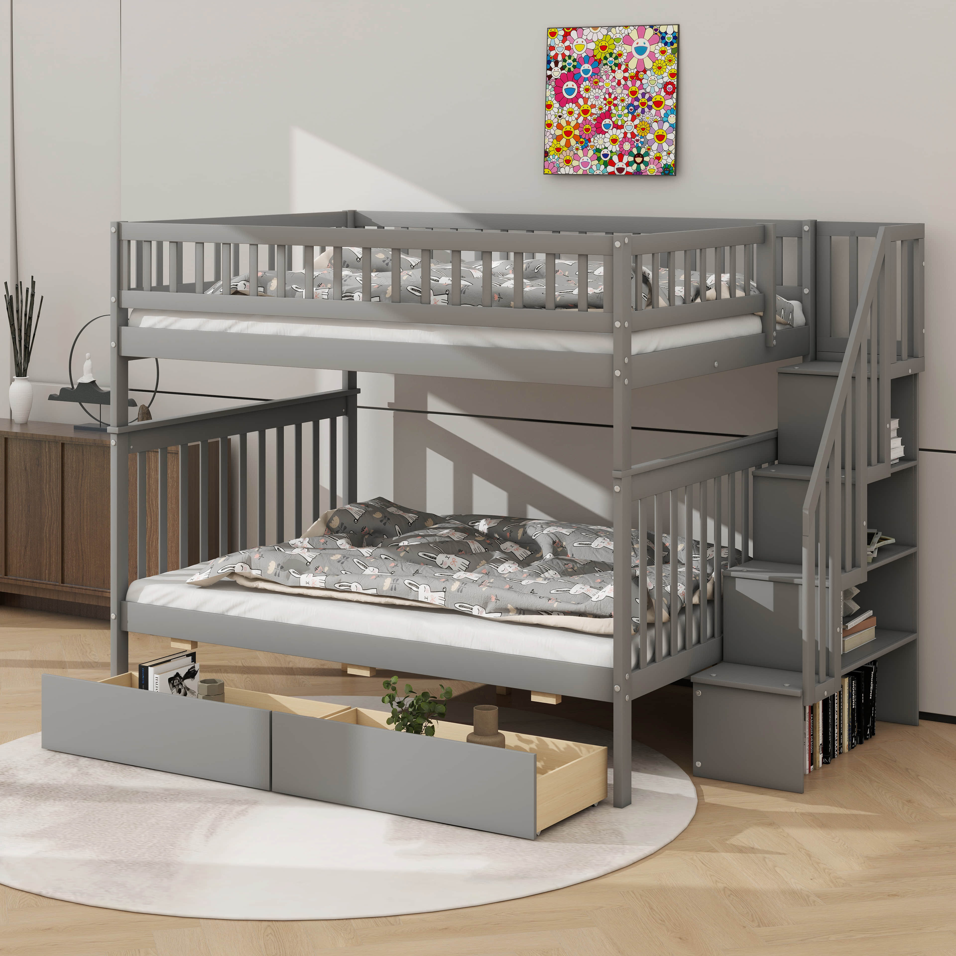 Harriet Bee Solid Wood Full Over Full Bunk Bed With Storage-Integrated