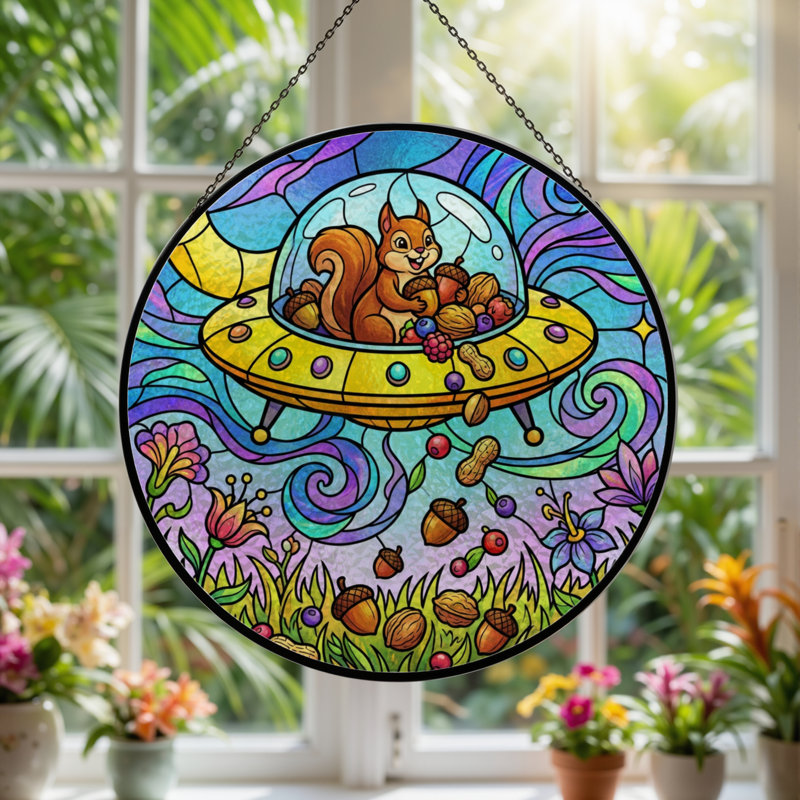 7.8"H Squirrel Ufo Stained Glass Window Panel, 7.8" H x 7.8" W