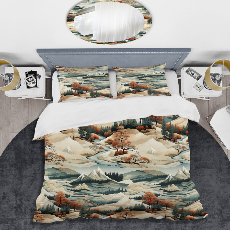 Ensemble de housse de couette Mountain Cabin Rustic Landscape II, Housse de couette simple + 1 taie décorative stan