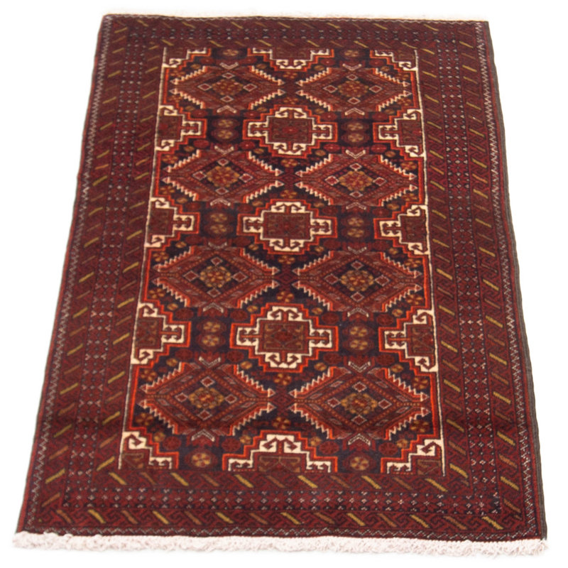 Tapis rouge foncé en laine noué à la main de conception unique 2 pi 11 po x 5 pi 3 po Lebo