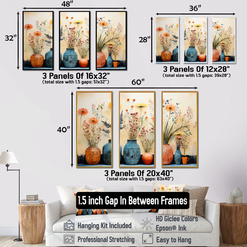 «Blue Floral Watercolor Pottery IV - Boho Pottery», art mural, H 28 po x l 36 po x P 1 po, Cadre flottant brun
