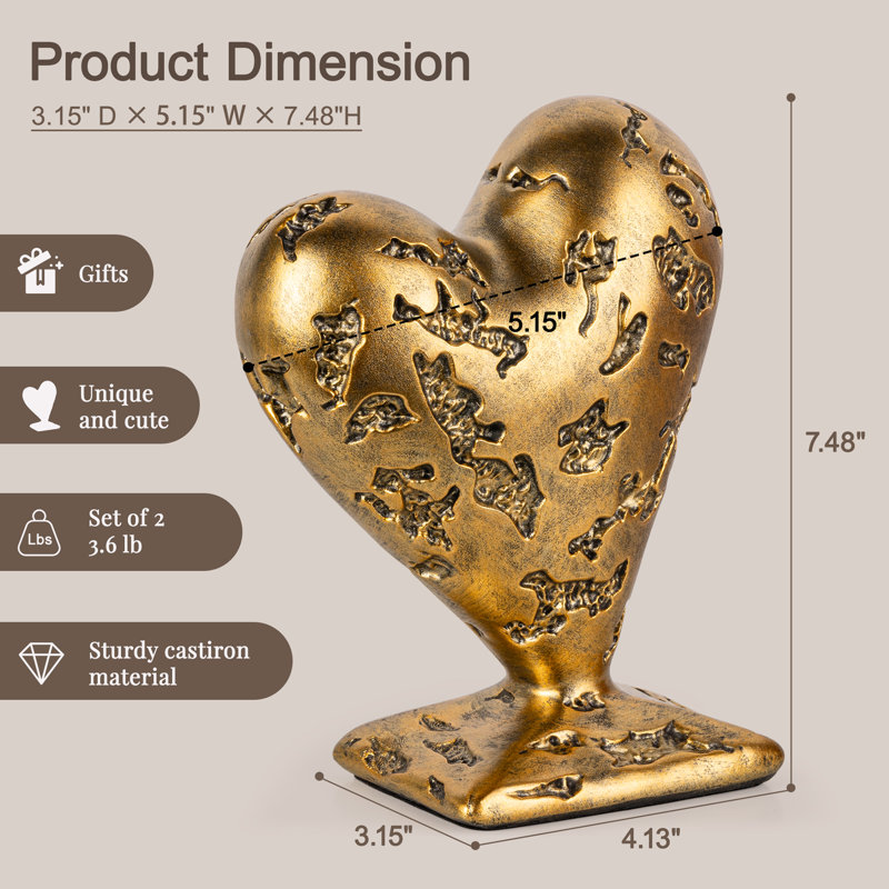 Heart-Shaped Textured Bookends With Protective Base, Gold
