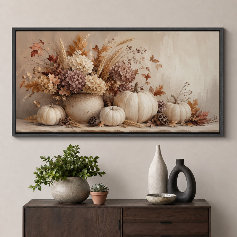 Neutre, citrouille, art floral, nature morte, H 30 po x l 60 po x P 1,5 po, Cadre noir