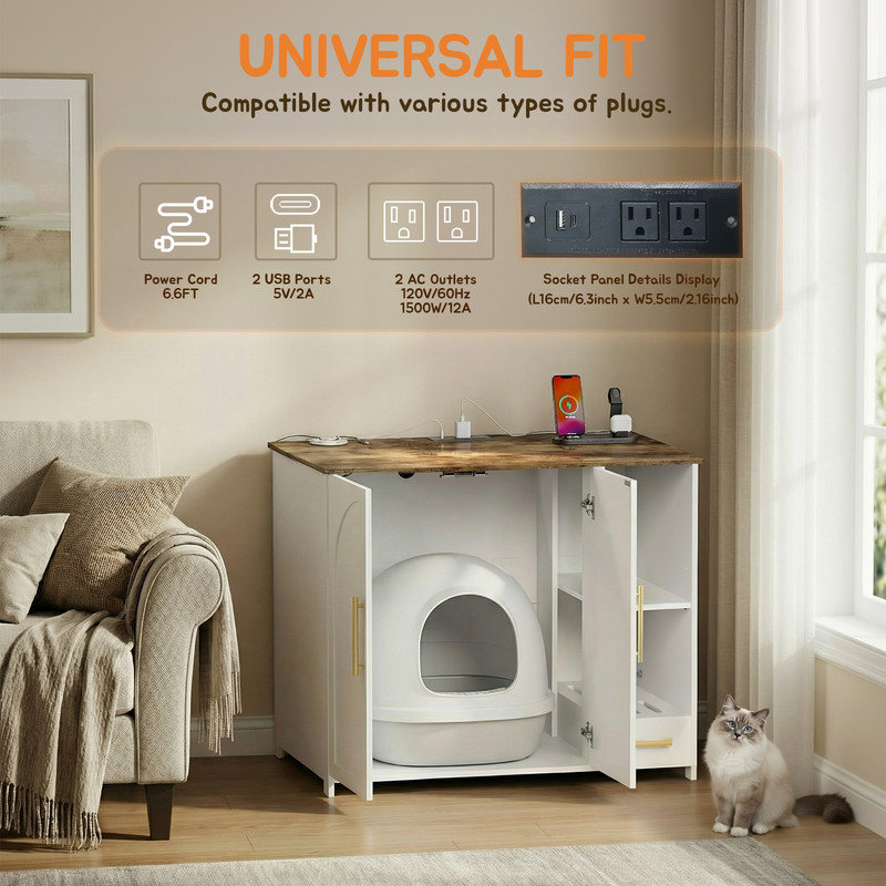 Très grand bac à litière caché pour chat avec multiprise, armoire d'entrée à l'épreuve des chiens pour Litter-Robot 3/4