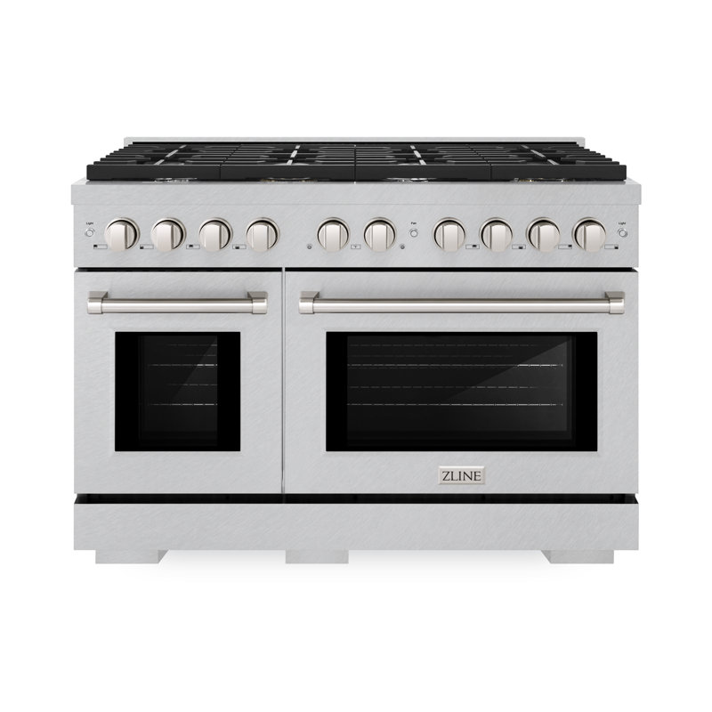 ZLINE 48 in. 6.7 cu. ft. Paramount Double Oven Gas Range with 8 Burner Cooktop in Satin Stainless Steel, Stainless Steel