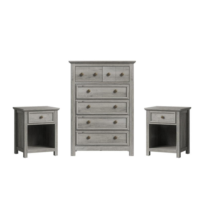 Ensemble de chambre à coucher 3 pièces - Commode à 6 tiroirs et deux tables de chevet à 1 tiroir, gris