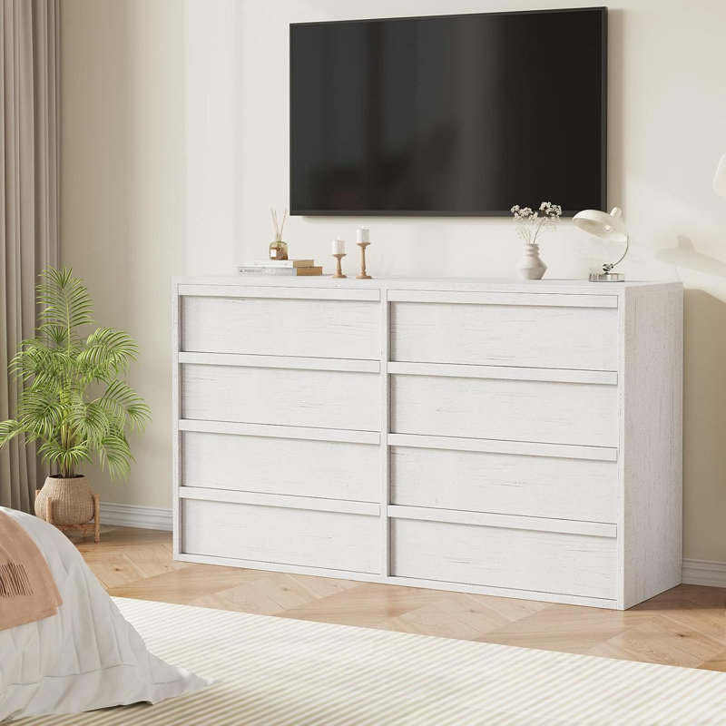 Commode 8 tiroirs pour chambre à coucher, large commode double moderne 54 "avec poignées concaves, Blanc