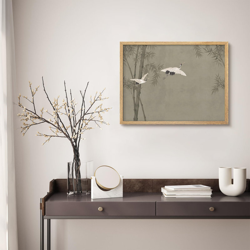 «Graceful Cranes and Bamboo in Classic Asian Landscape Illustration», affiche encadrée rustique, H 11 po x l 14 po