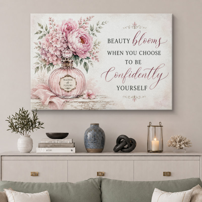 Bouteille de parfum rose avec citation florale, images de chambre de beauté féminine, impression sur toile encadrée