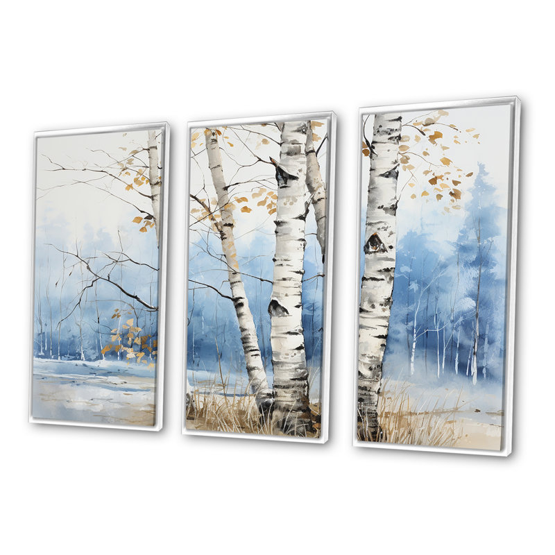 «White Birch Trees Forest Winter Scenery II», ensemble d'art sur toile de bouleau, Cadre flottant blanc