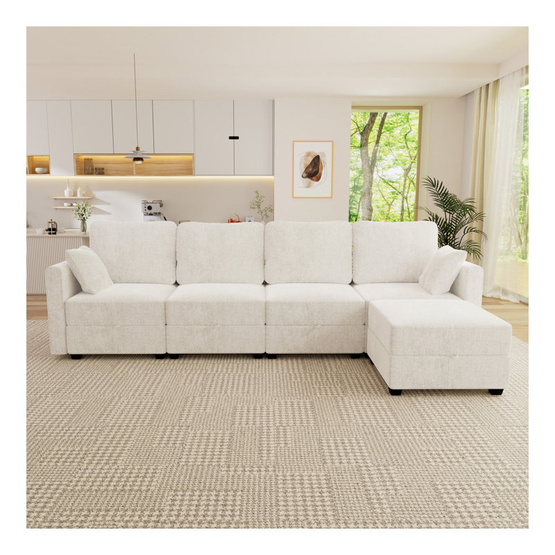 Ensemble de canapé modulaire modulaire en L convertible avec rangement pour le salon, canapé modulaire modulaire 4 places avec repose-pieds mobile (beige)