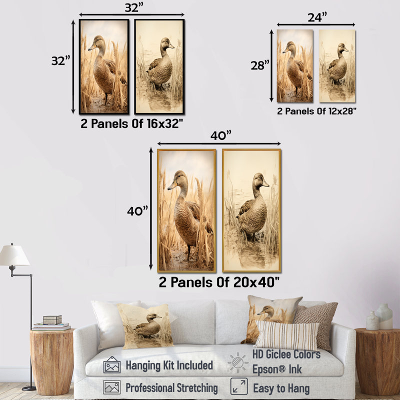 Ensemble de 2 décorations murales canard brun rétro Elegance II, H 28 po x l 25 po, Toile tendue