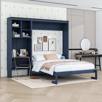 Grand lit escamotable avec bureau intégré et armoire de rangement multicouche intégrée