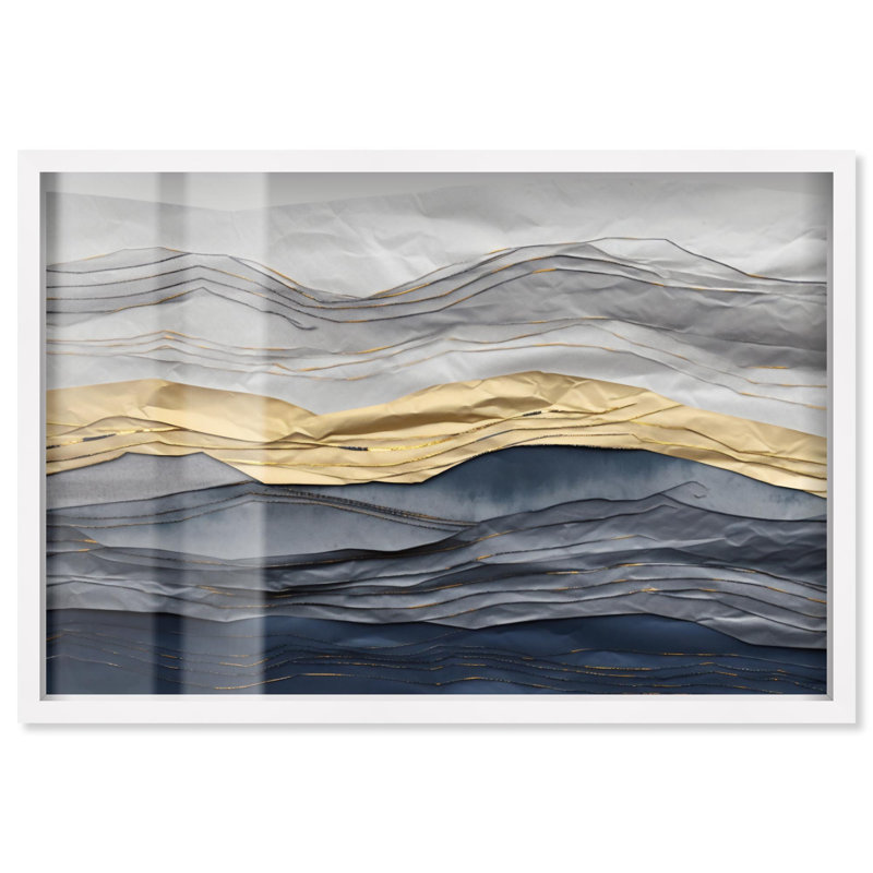 «Flowing Golden Tide Shadowbox», art mural bleu par Art Remedy, Blanc, H 31 po x l 46 po