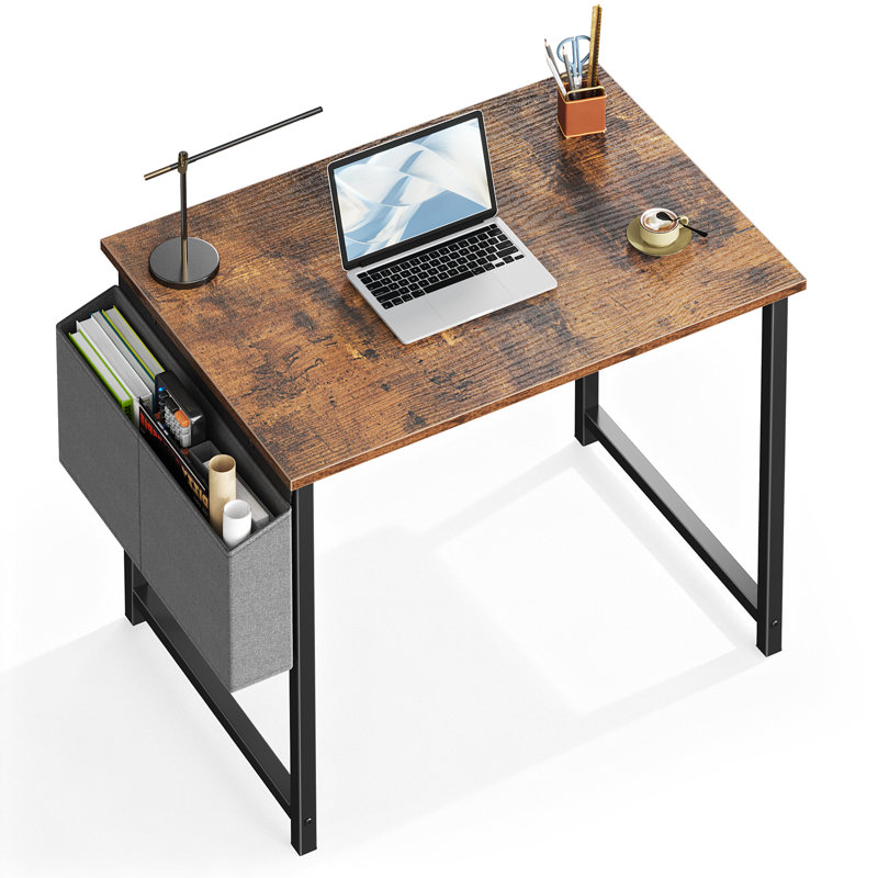 Bureau d'ordinateur 31 po avec structure en métal, surface imperméable et sac de rangement - idéal pour le bureau, Brun