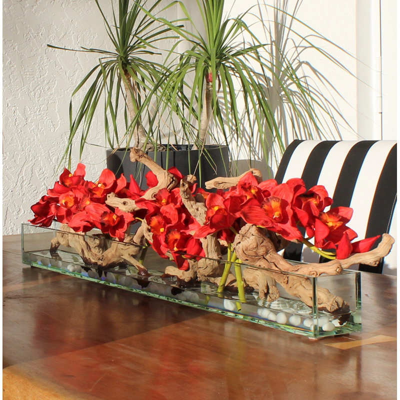 Driftwood Cymbidium Orchids Centerpiece in Glass Planter, 16" H x 48" W x 4" D, Red